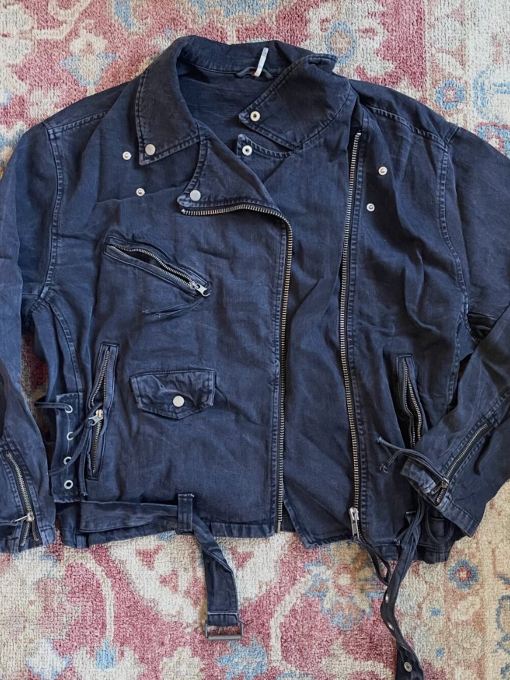 Free People Washed Black Oversized Moto Jacket L | Asym Zip Utility Belted - Picture 8 of 8